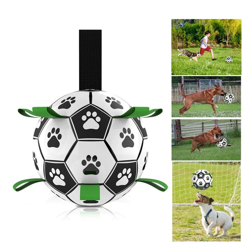 Interactive Durable Dog Soccer Ball being thrown by a pet owner