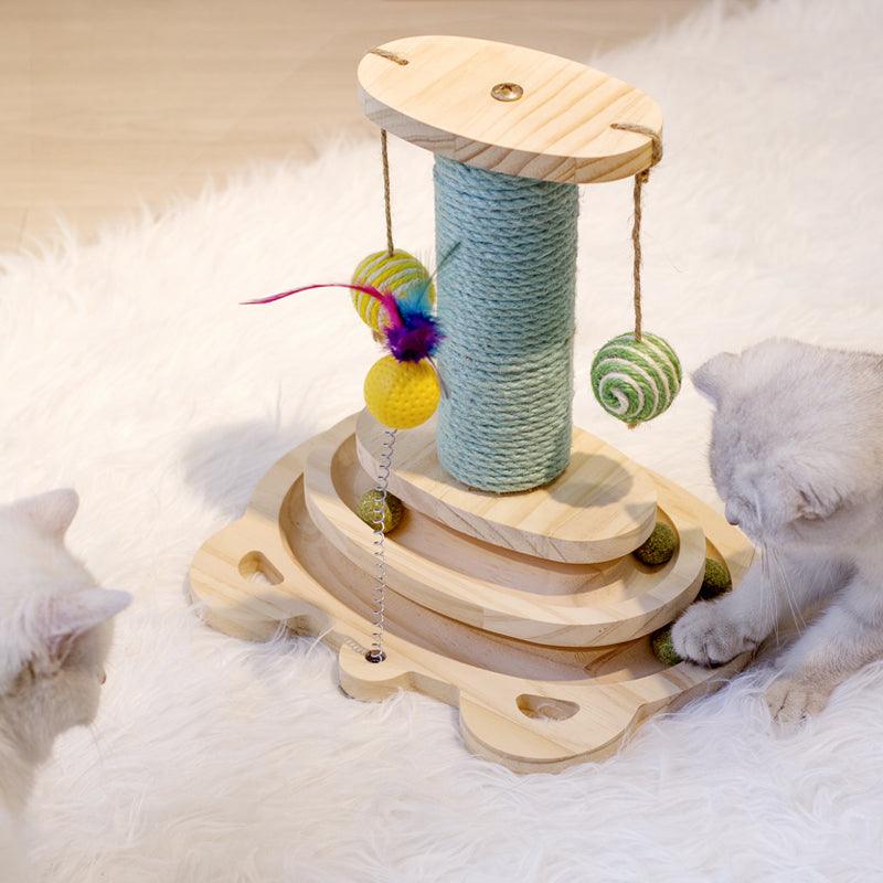 Side angle of Interactive Wooden Cat Scratcher Maze Ball Toy featuring a solid wood ball