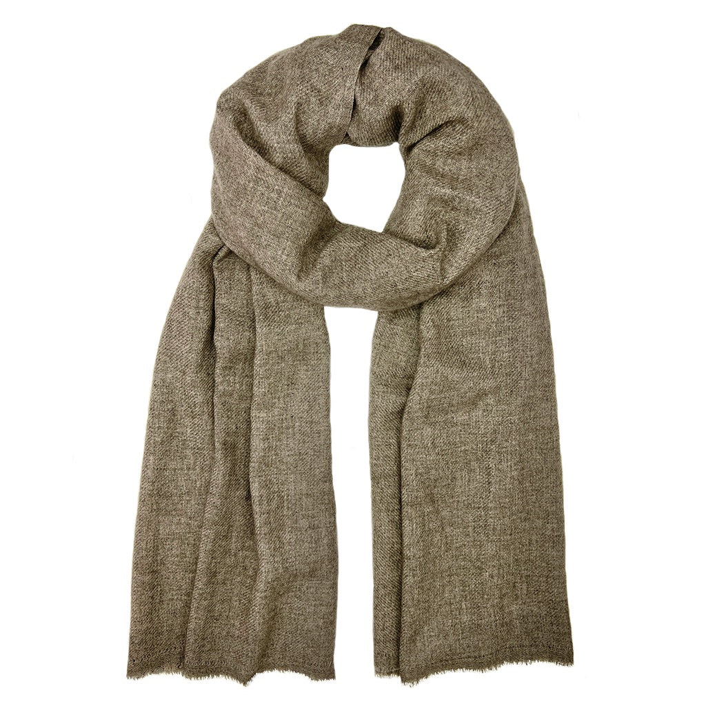 Front view of Luxurious Handloom Cashmere Scarf in soft gray by Pokhara Nepal Artisans