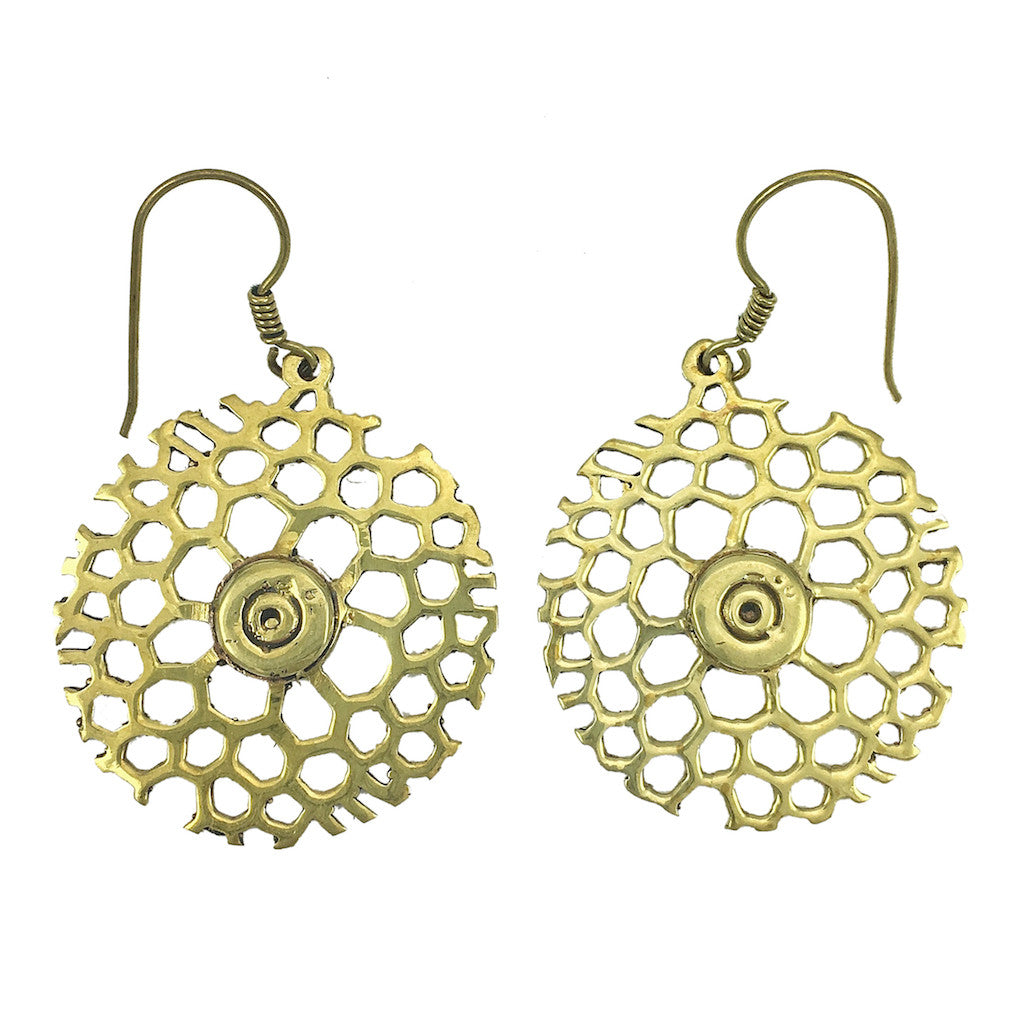 Elegant front view of Honeycomb Bomb Earrings by Cambodian Artisans