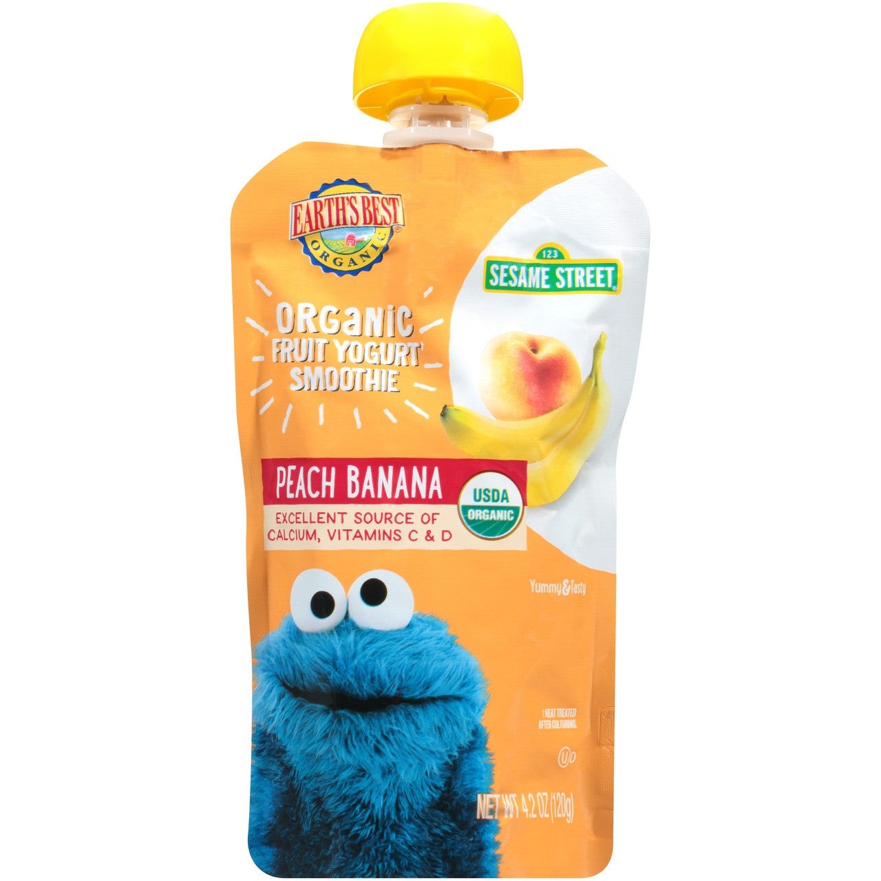 Front view of Gobingya Organic Peach Banana Juice pouch with peaches