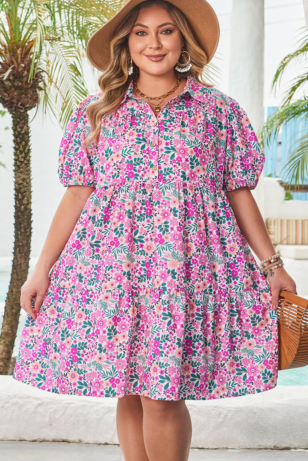 Back view of Plus Size Floral Puff Sleeve A-line Dress in vibrant floral pattern