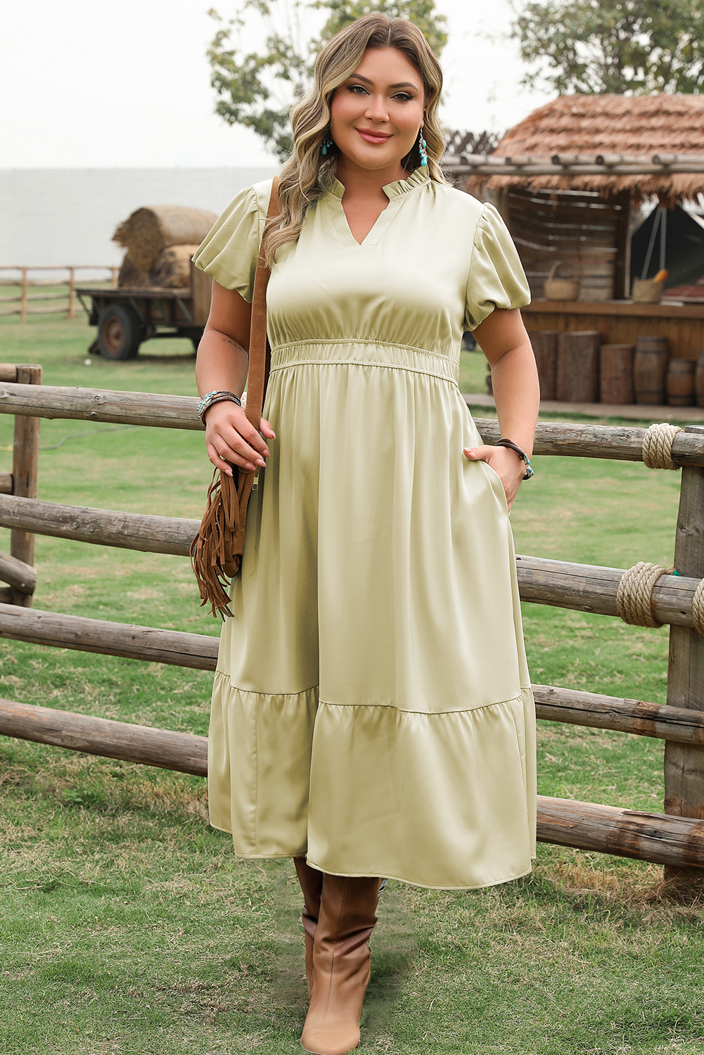 Front view of Elegant Plus Size Notched V Neck Maxi Dress in Laurel Green by Threaded Pear