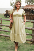 Front view of Elegant Plus Size Notched V Neck Maxi Dress in Laurel Green by Threaded Pear
