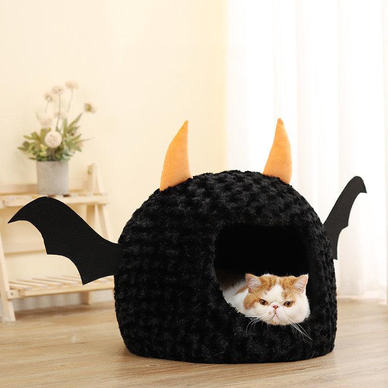 Cozy Halloween Devil Den Pet Bed by Dog Hugs Cat in black and red