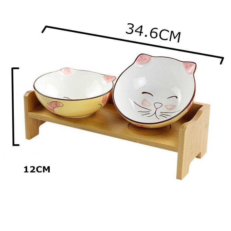 Top view of Elevated Ceramic Cat Bowls set arranged on shelf