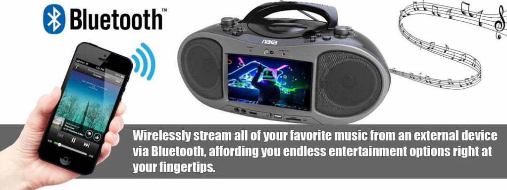 Naxa 7" Bluetooth DVD Boombox displaying Bluetooth connectivity feature