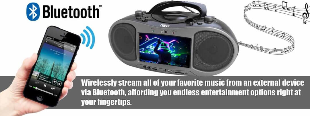 Naxa 7" Bluetooth DVD Boombox displaying Bluetooth connectivity feature