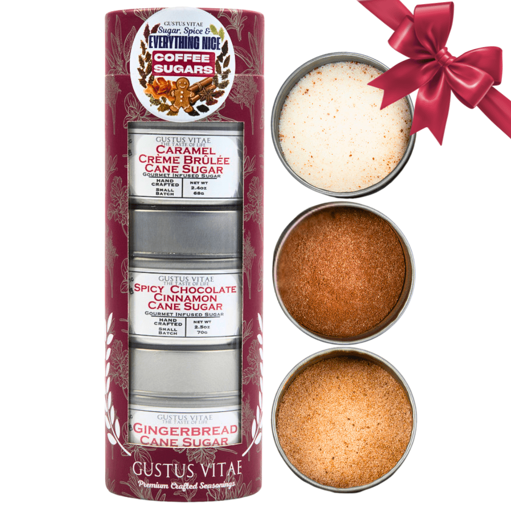 Cinnamon-infused sugar from Gustus Vitae Coffee Sugars Gift Set in a glass jar