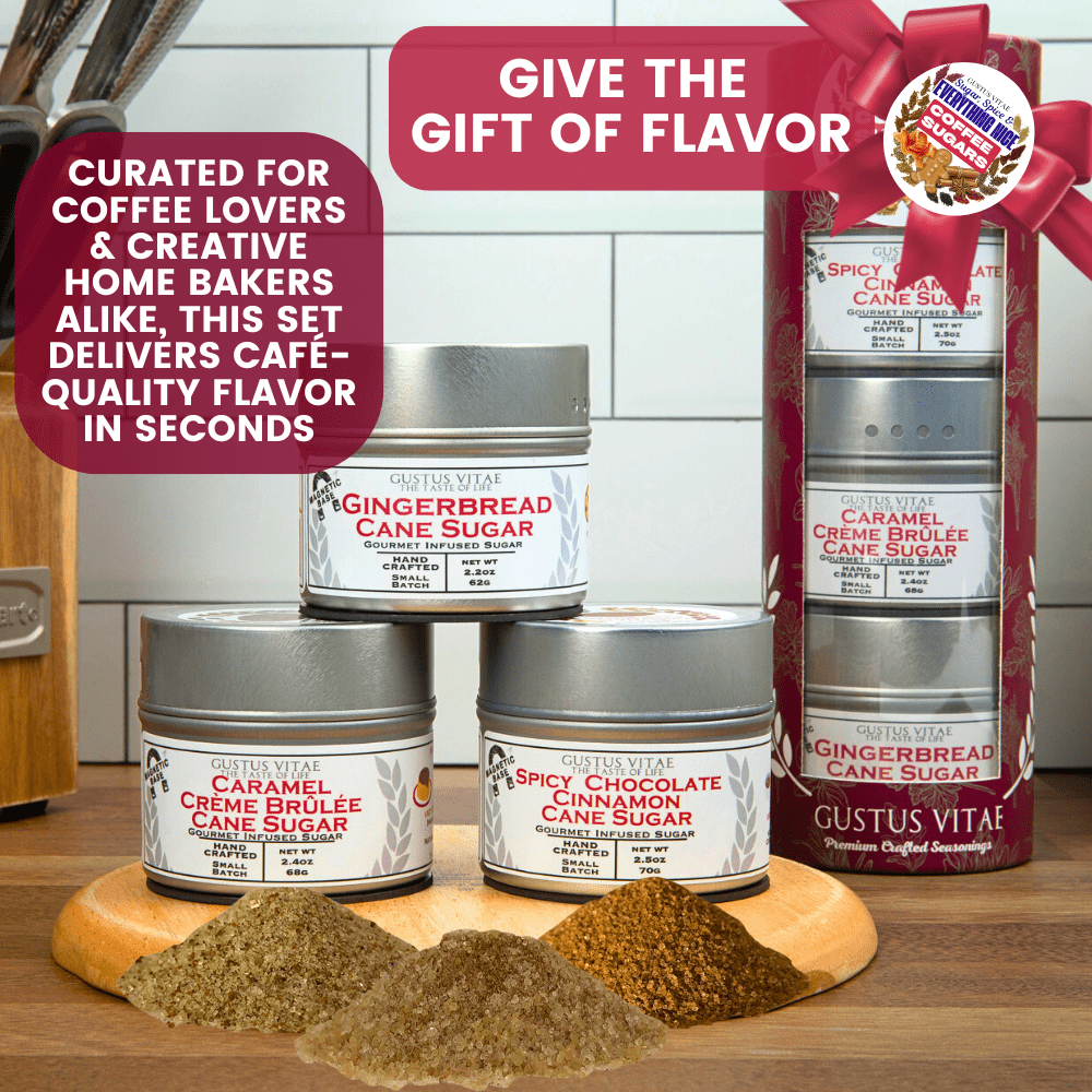 Gustus Vitae Coffee Sugars Gift Set with coffee cup and pastries