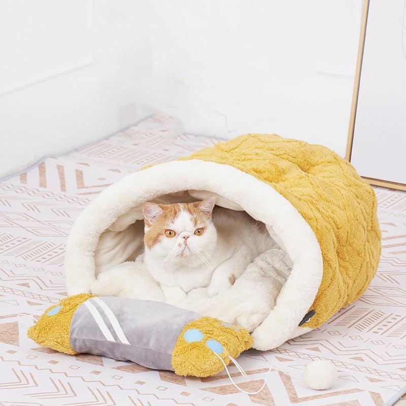 Stylish Arctic Velvet Cozy Cave Cat Bed in a modern home setting