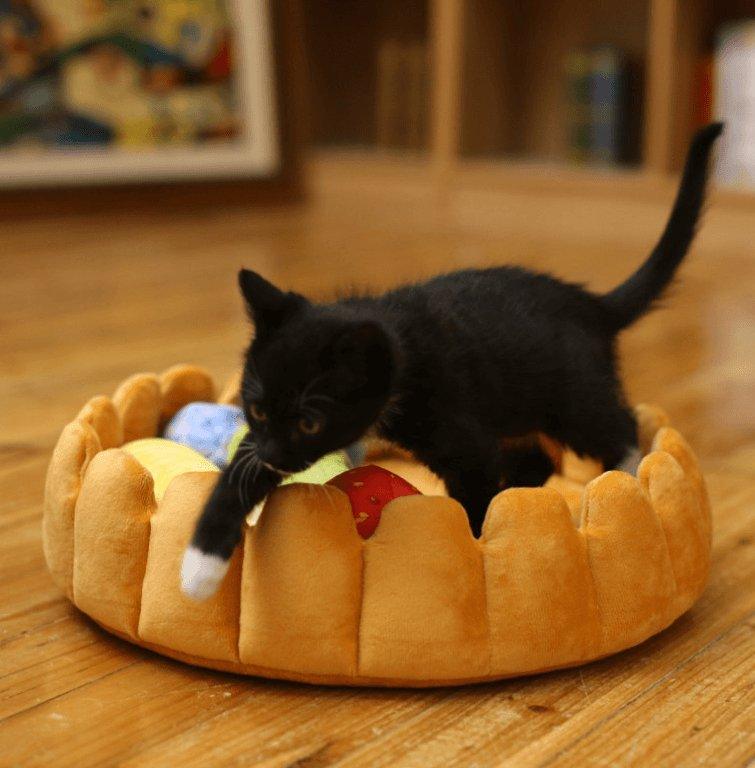 Side view of Whimsical Fruit Tart Pet Bed highlighting soft cashmere material
