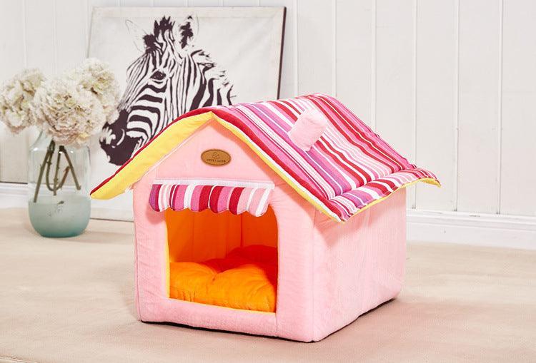 Outdoor use of Cozy Striped Foldable Pet House & Bed in sunny garden