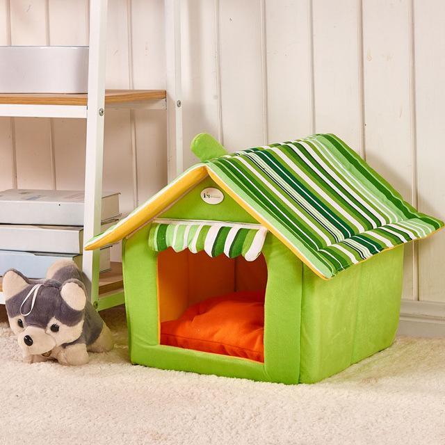 Interior view of Cozy Striped Foldable Pet House & Bed showcasing comfort