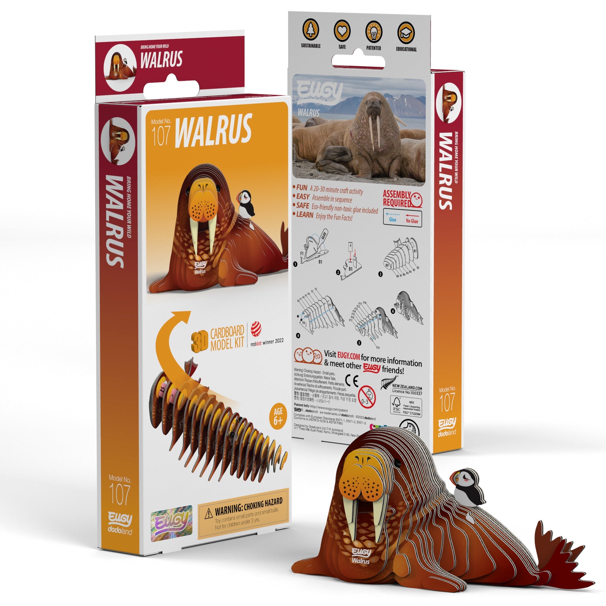 Side view of EUGY Walrus 3D Puzzle with whimsical puffin companion