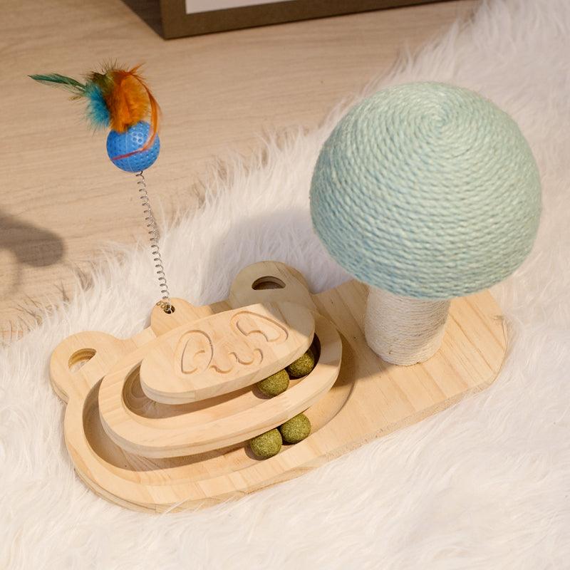 Front view of Interactive Wooden Cat Scratcher Maze Ball Toy by Dog Hugs Cat
