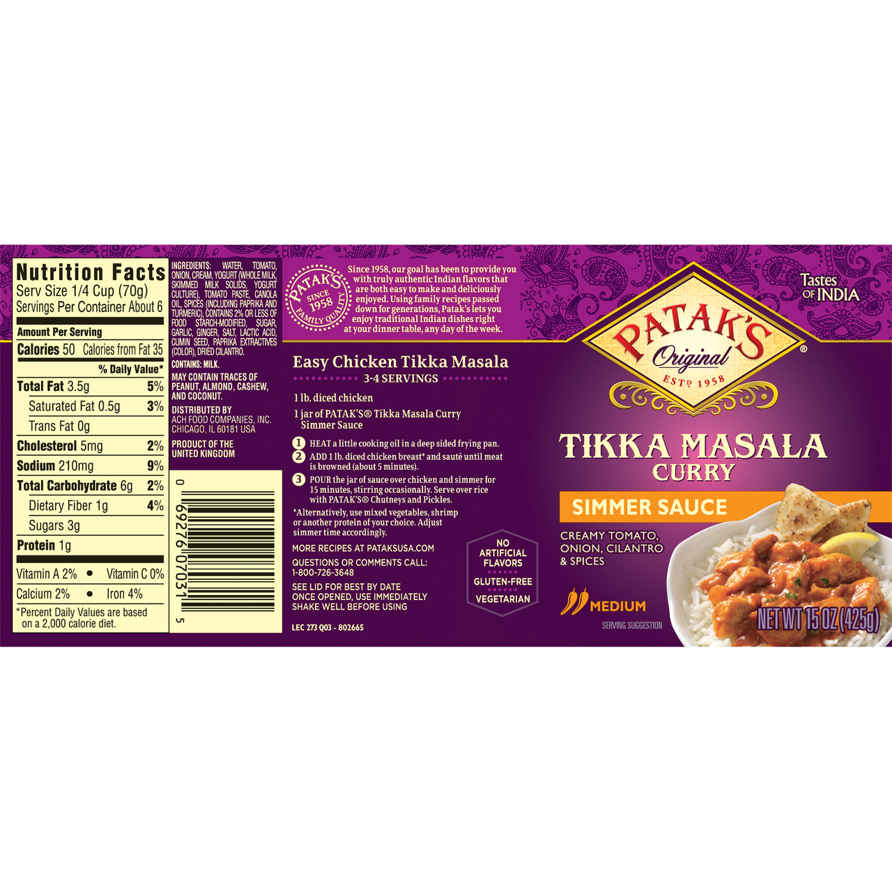 Patak's Tikka Masala Curry Cooking Sauce, Medium (6x15Oz)