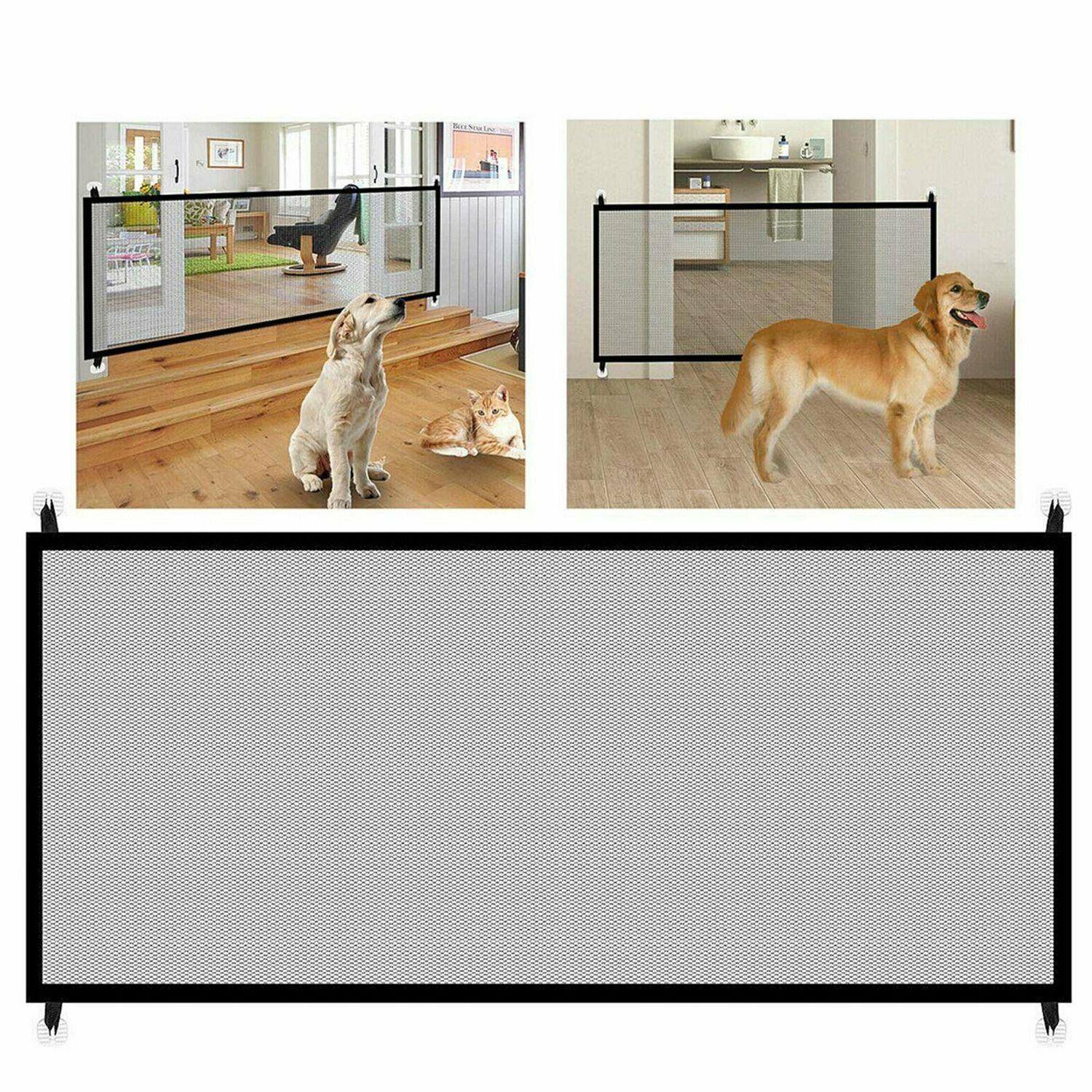 Portable Mesh Safety Gate for Pets set up in a stylish home environment