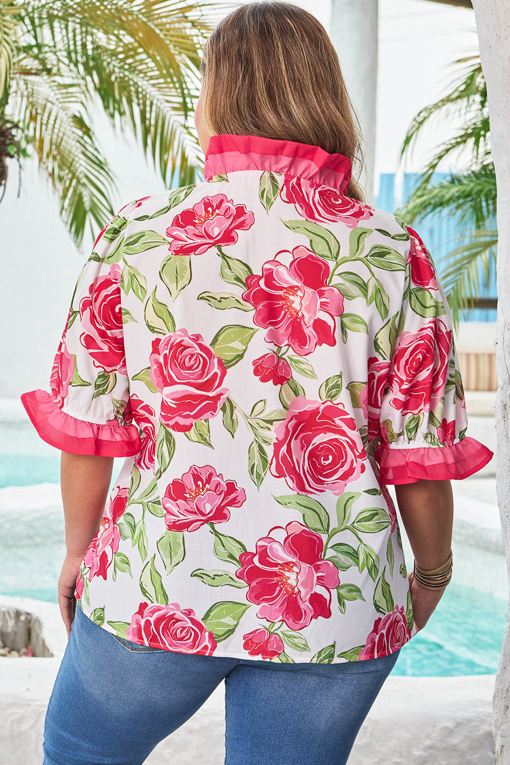 Close-up of floral pattern on Elise Plus Size Blouse by Threaded Pear