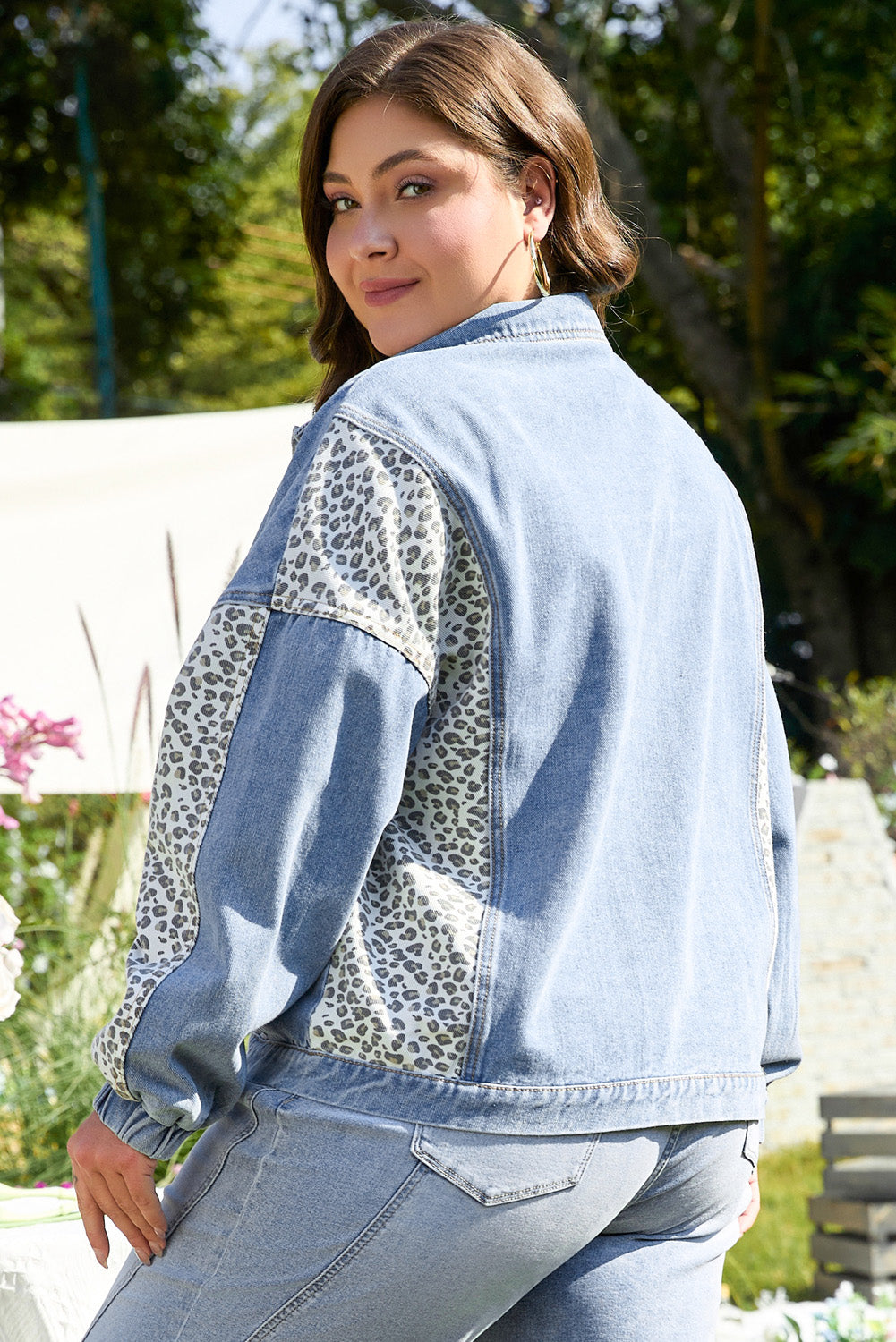 Stylish Plus Size Leopard Patchwork Denim Jacket by Threaded Pear