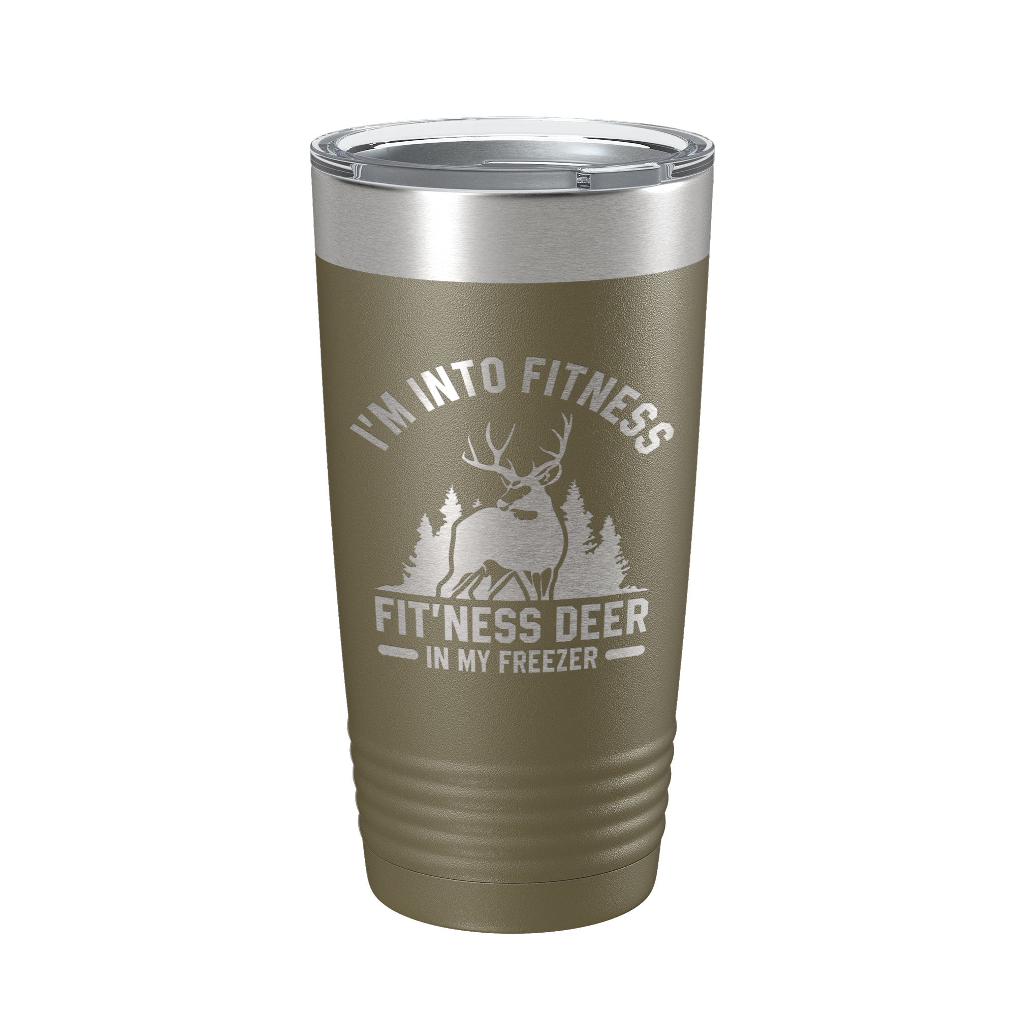 Funny Deer Hunter Travel Mug surrounded by outdoor adventure gear