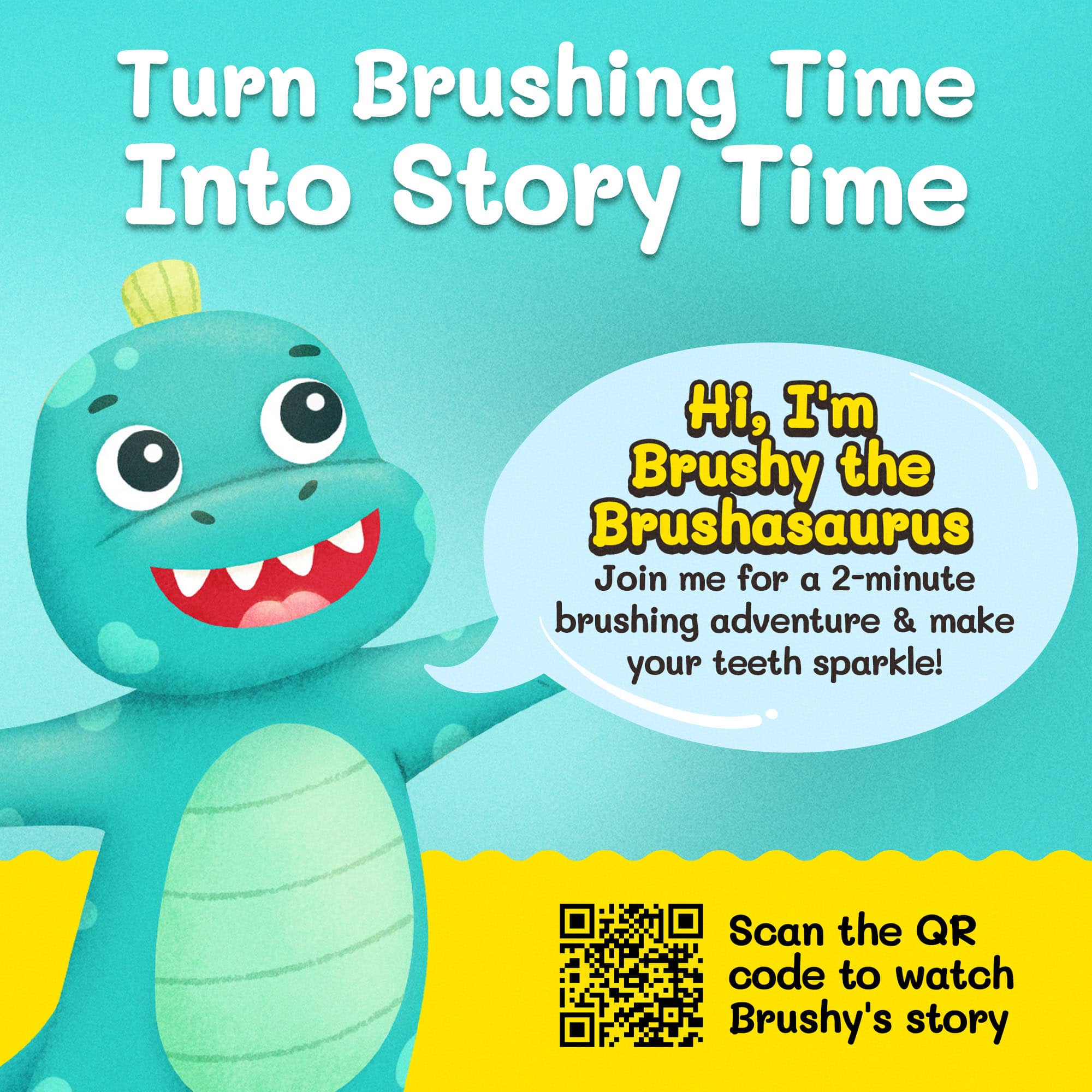 Side view of Brushy the Brushasaurus Dinosaur Toothbrush with soft bristles