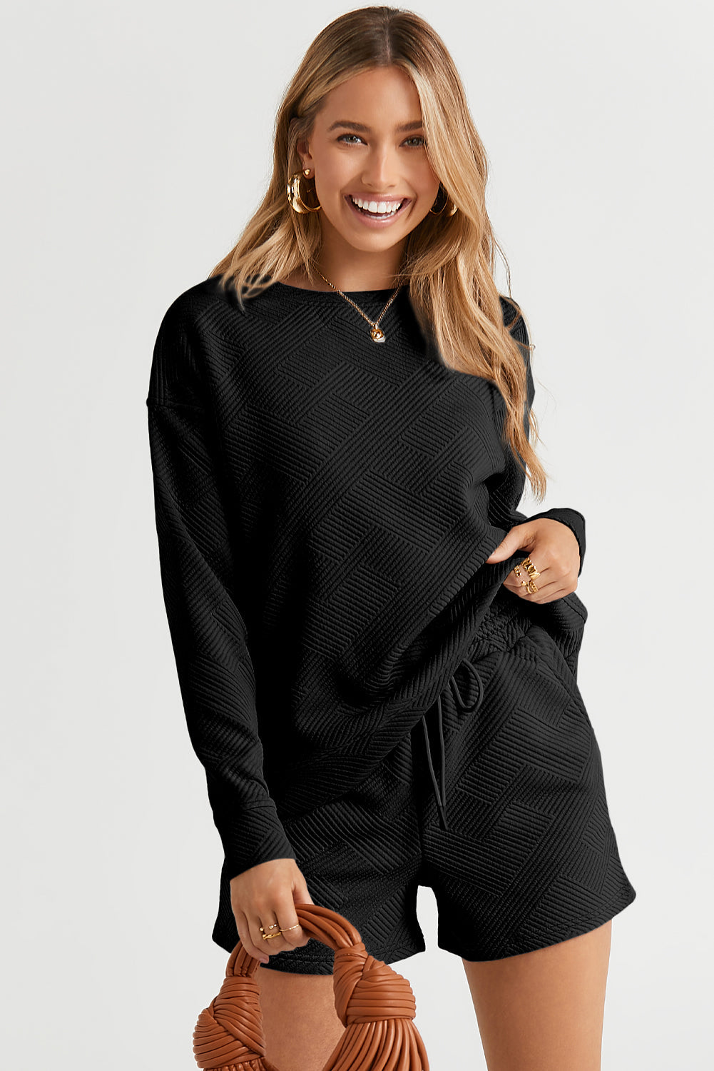 Cozy Adalyn Luxe Long Sleeve Top & Drawstring Shorts Ensemble