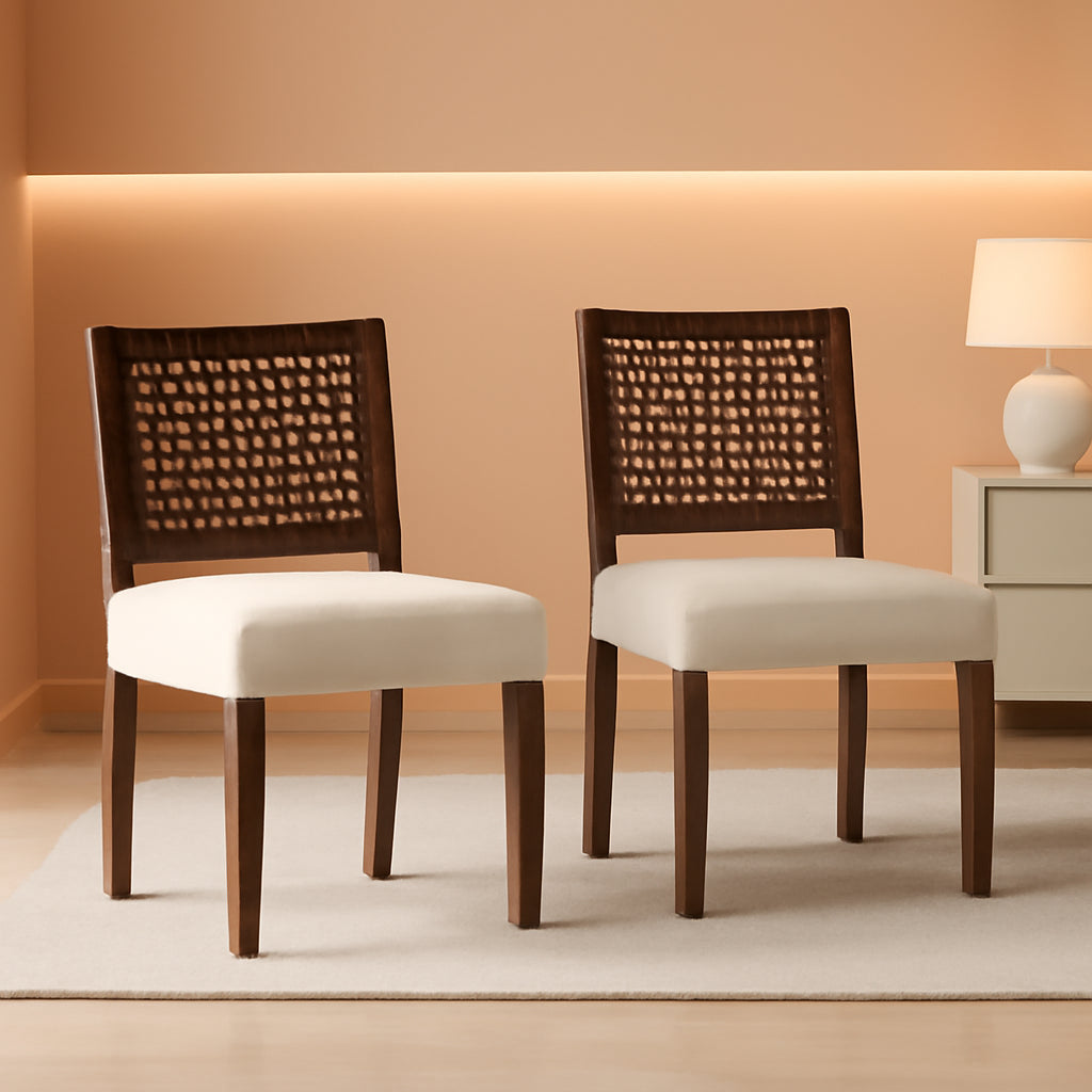 Beige Linen Upholstered Dining Chairs Midcentury Modern