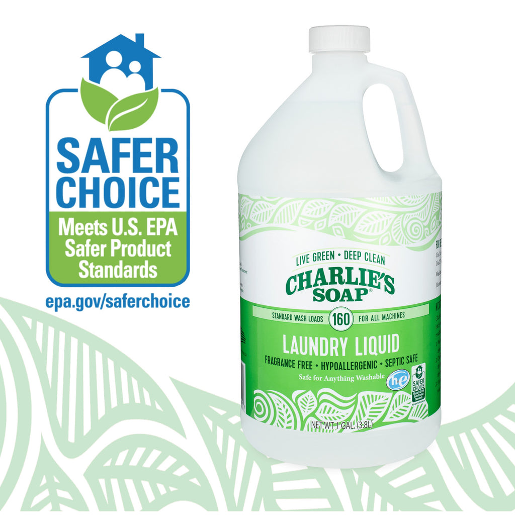 Back label of Charlie's Soap Laundry Liquid Gel showcasing ingredients