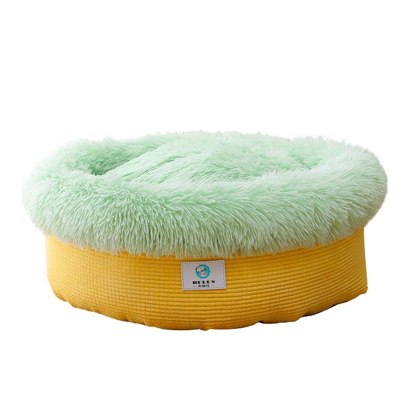 Front view of Ultimate Cozy Luxury Plush Winter Nest Pet Bed in soft beige by Dog Hugs Cat