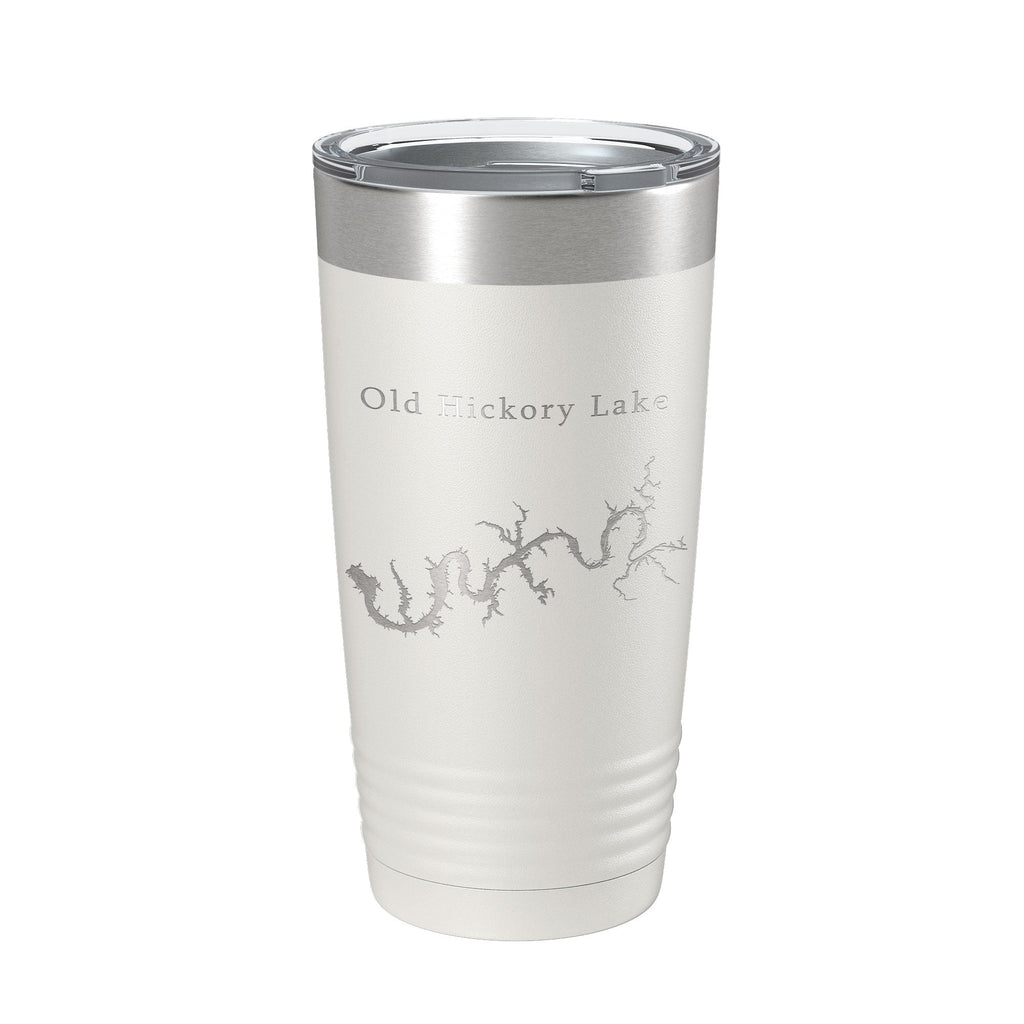 Insulated Old Hickory Lake Map Tumbler filled with hot coffee