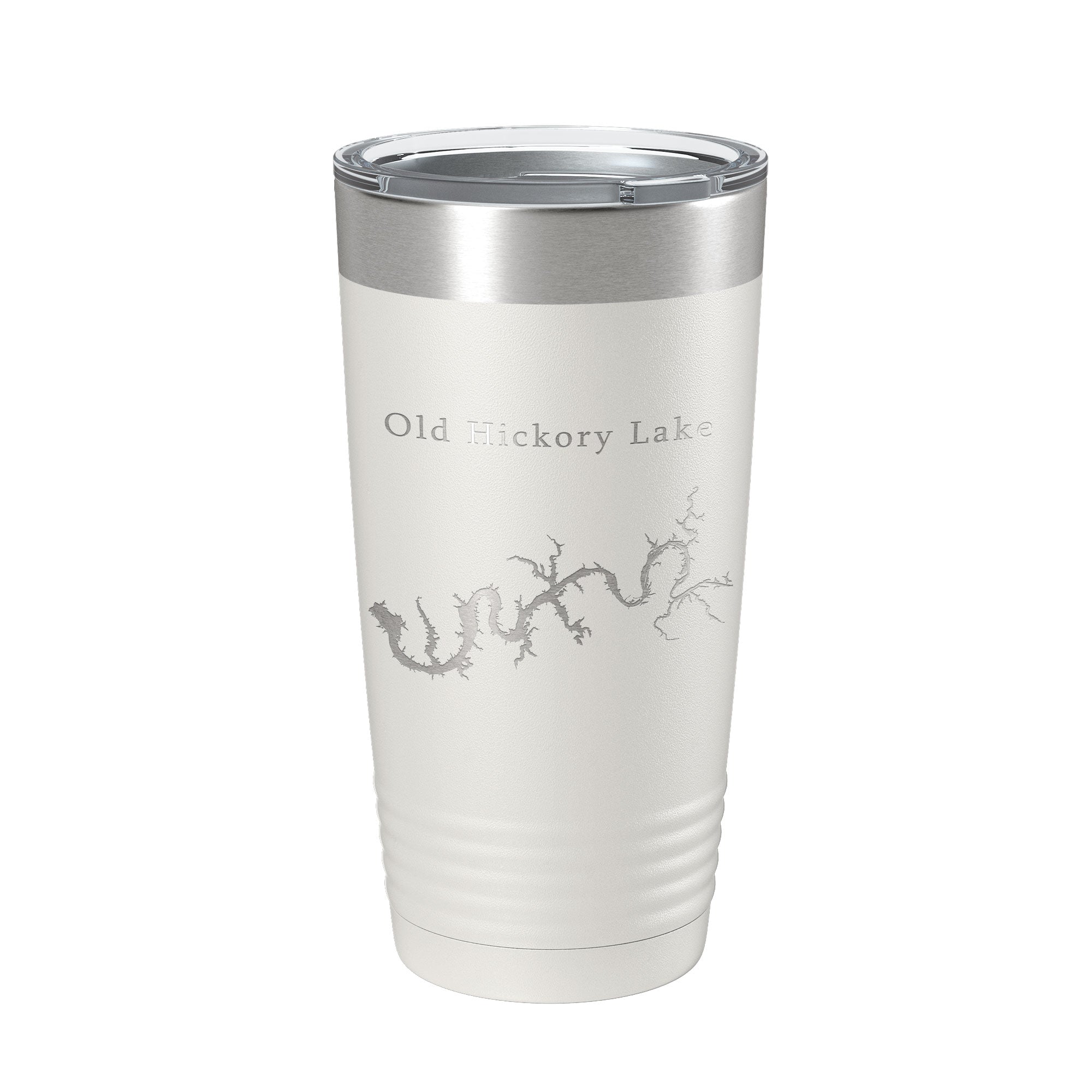 Insulated Old Hickory Lake Map Tumbler filled with hot coffee