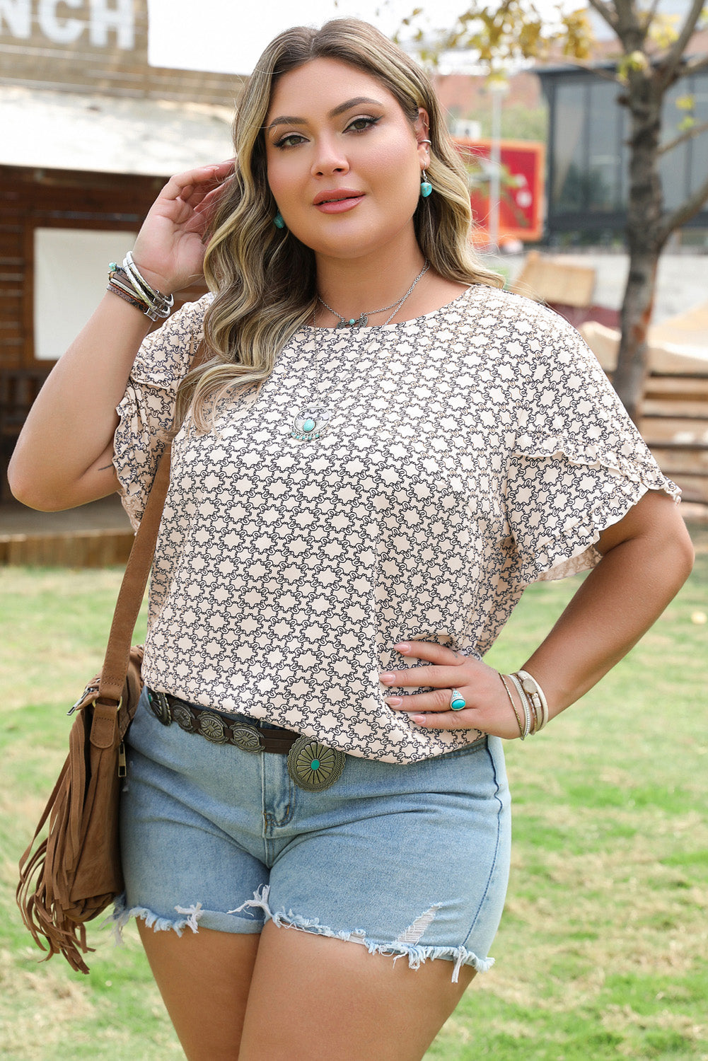 Back view highlighting the unique geometric pattern of Plus Size Blouse