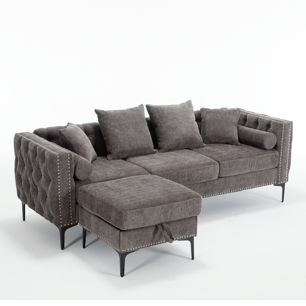 L Shaped Sectional Convertible Sofa with Storage Ottoman and Modern Tufted style