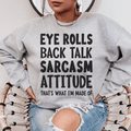 Front view of Sarcastic Eye Roll Sweatshirt by Merchmallow in cozy fleece