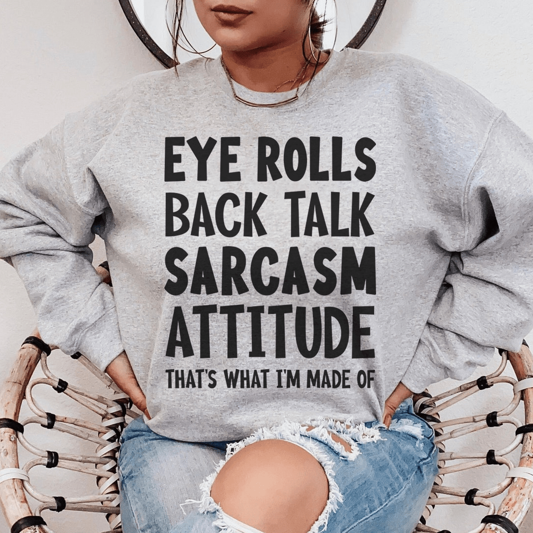 Front view of Sarcastic Eye Roll Sweatshirt by Merchmallow in cozy fleece