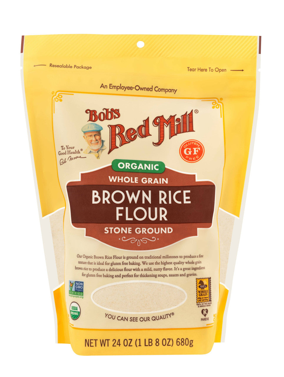 Front view of Organic Brown Flour 4-pack by Gobingya in 24 oz bags