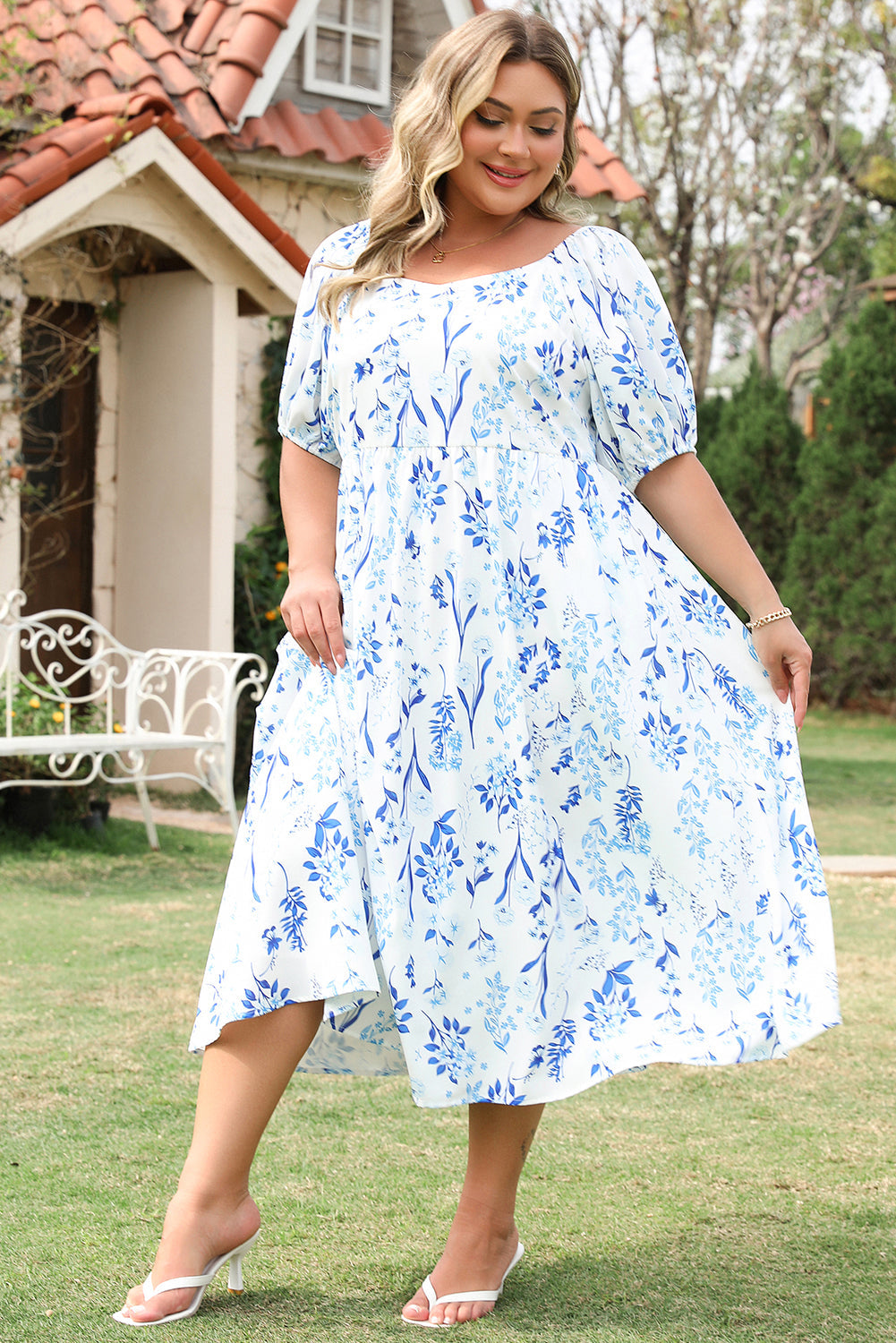 Back view of Charming Plus Size Floral Midi Dress showcasing the sweetheart neckline