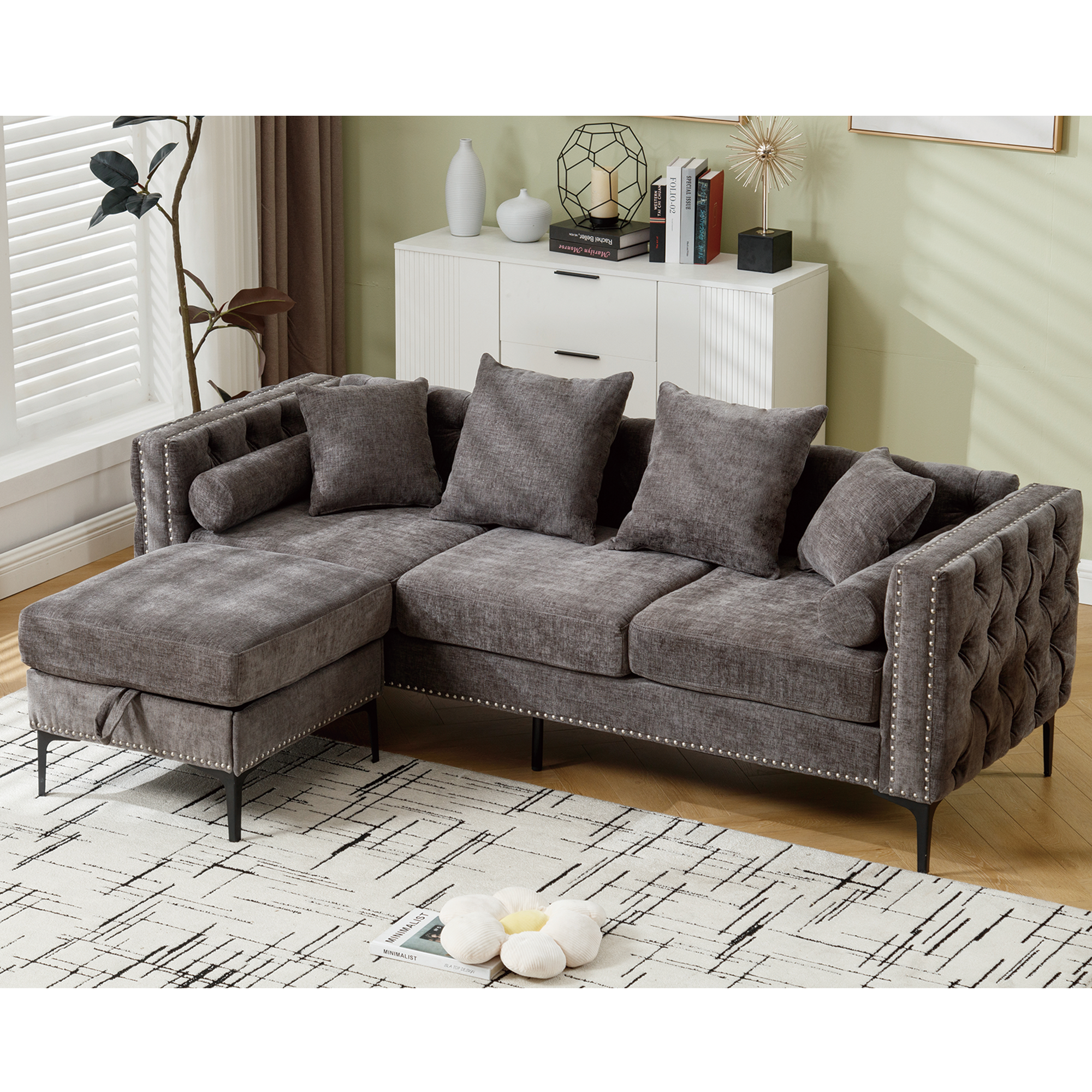 L Shaped Sectional Convertible Sofa with Storage Ottoman and Modern Tufted style