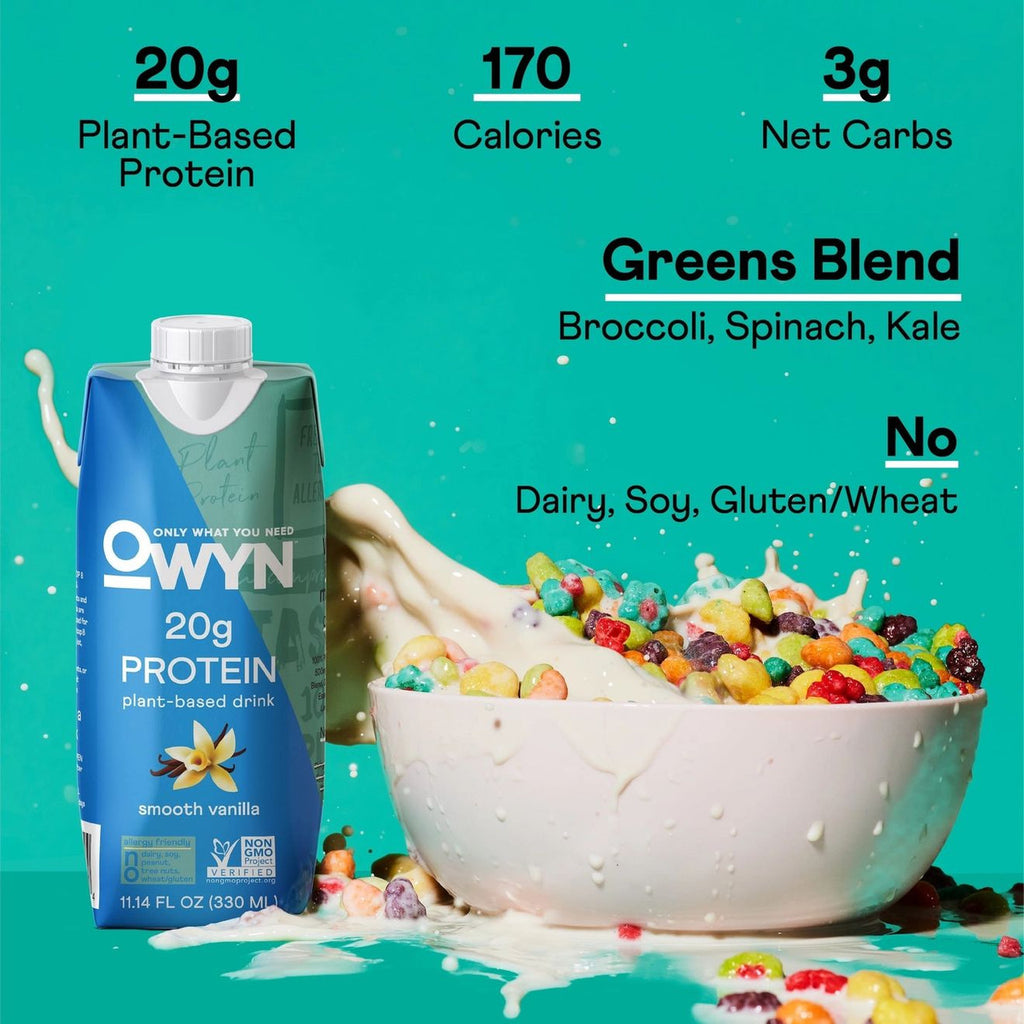 OWYN Protein Smoothie Vanilla with fresh ingredients in background