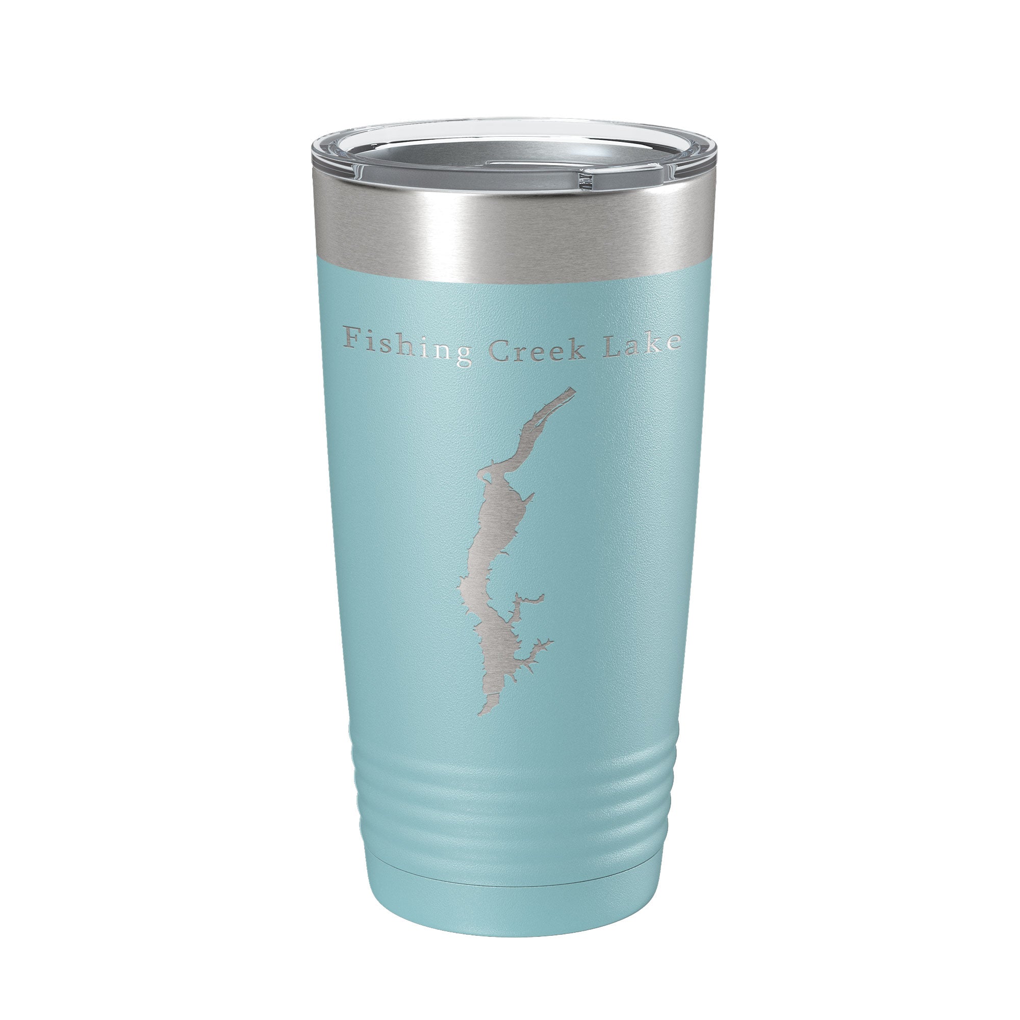 Fishing Creek Lake Insulated Tumbler on a wooden table