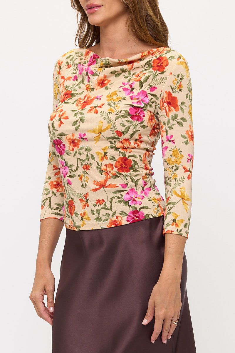Front view of Elegant Floral Boat Neck Top in vibrant colors by Reneecollection