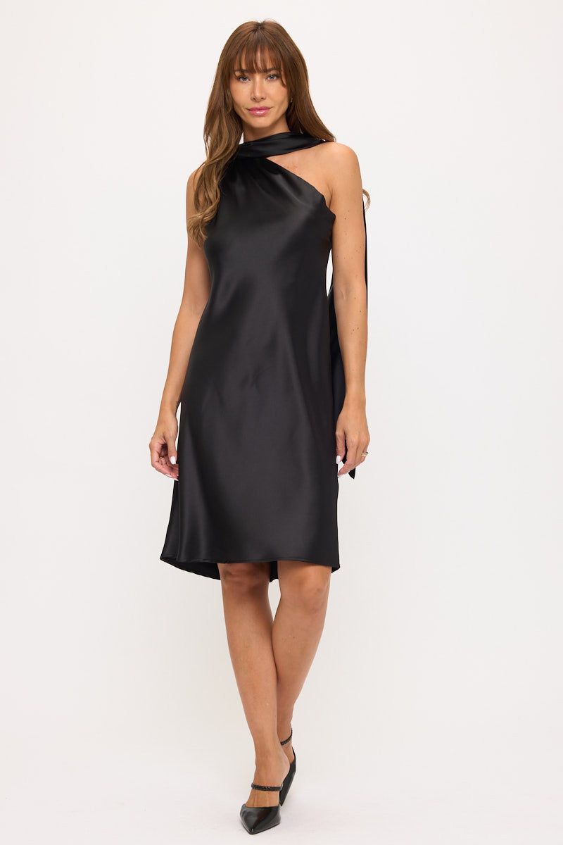 One Shoulder Satin Dress with Scarf