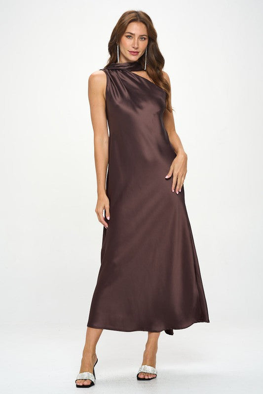 One Shoulder Satin Maxi Dress with Scarf Detail