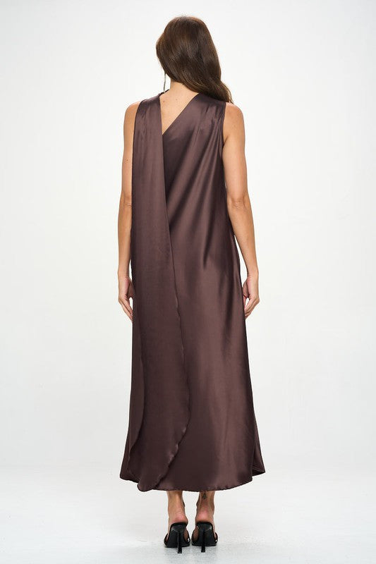One Shoulder Satin Maxi Dress with Scarf Detail