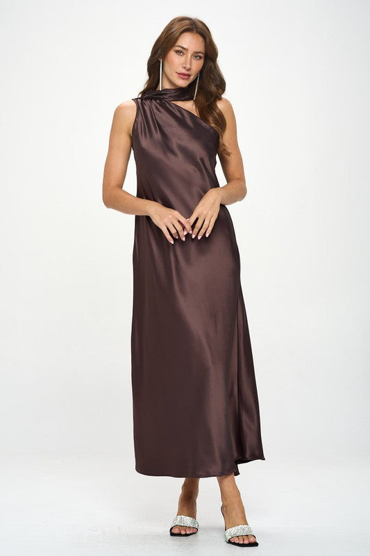 One Shoulder Satin Maxi Dress with Scarf Detail