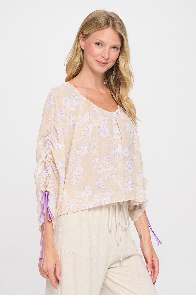 Floral Print Boat Neck Top with Adjustable Tie Sleeve
