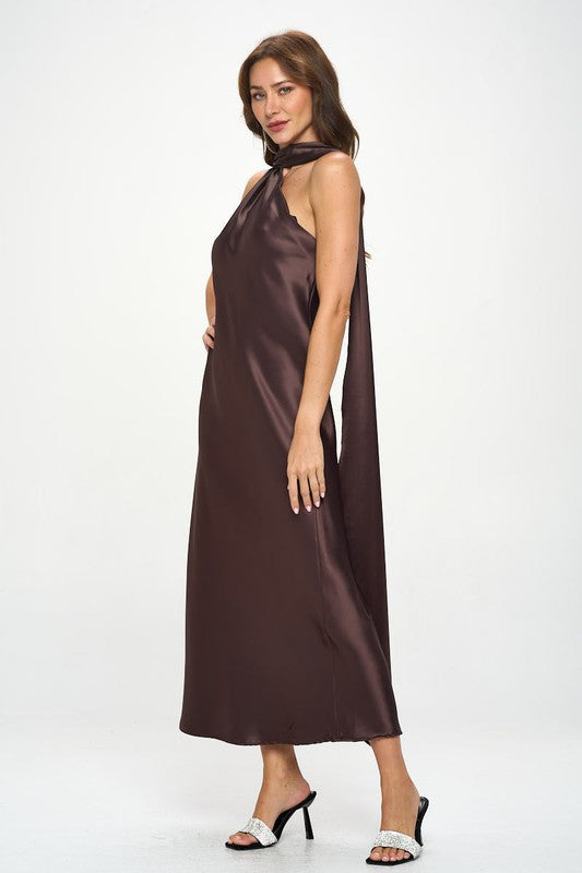 One Shoulder Satin Maxi Dress with Scarf Detail