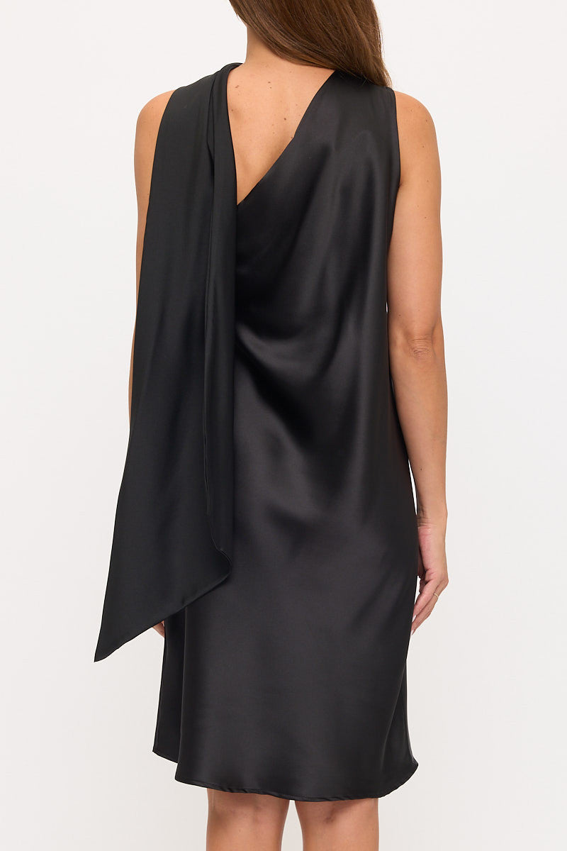 One Shoulder Satin Dress with Scarf
