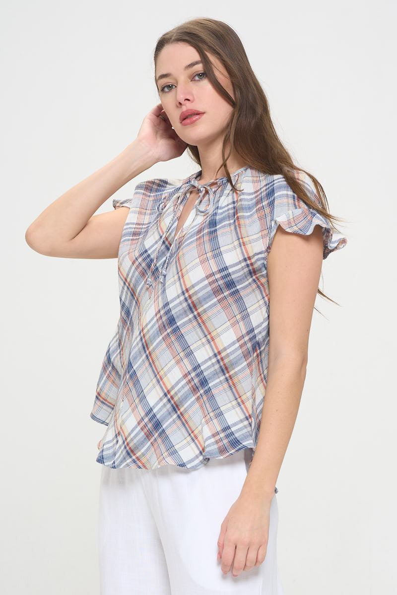 Back view of the Stylish Ruffle Sleeve Plaid V-Neck Top highlighting its design by Reneecollection
